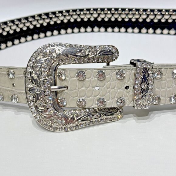 Genuine Leather Gray Croc Embossed Jeweled Rhinestones Western Belt Women’s S - Picture 4 of 16